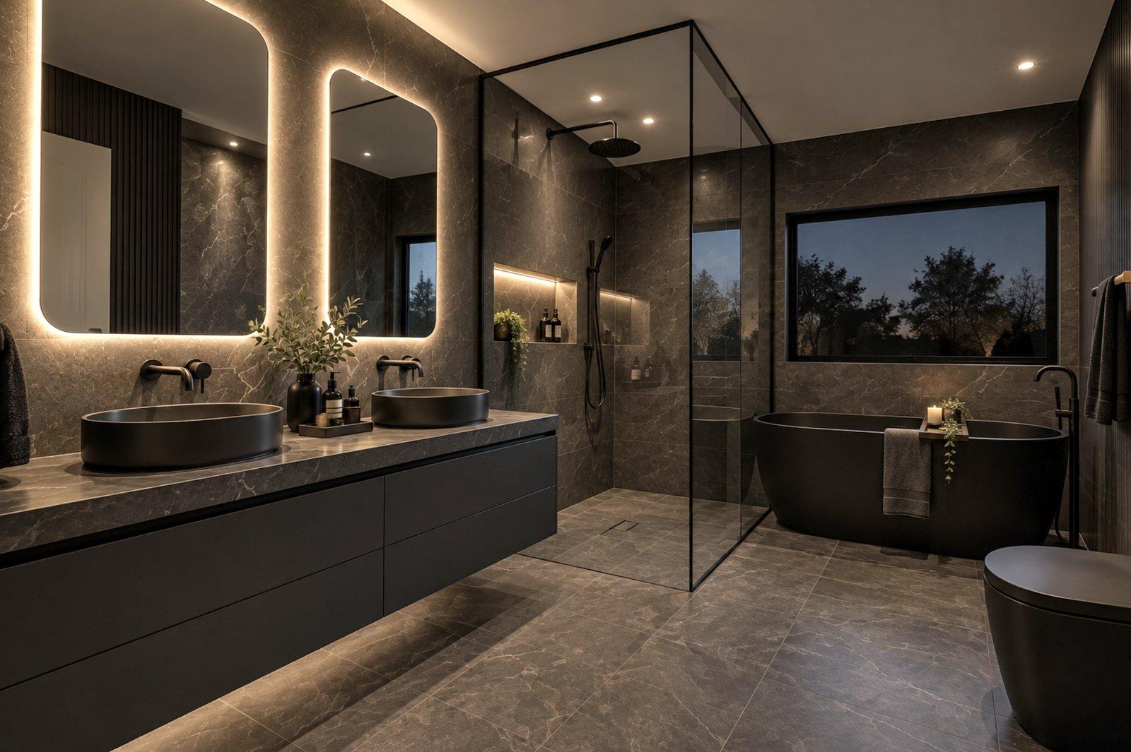 Dark stone-tiled bathroom with backlit mirrors, twin black basins, a walk-in shower and a freestanding black bath