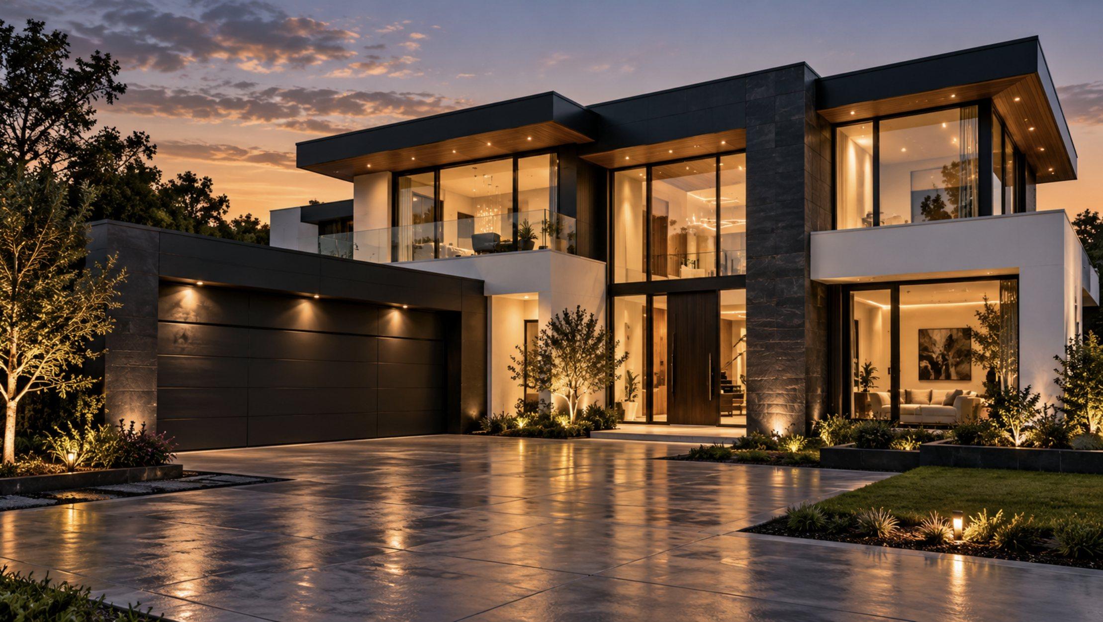 Contemporary two-storey home at sunset with floor-to-ceiling glass, dark stone cladding, double garage and lit garden
