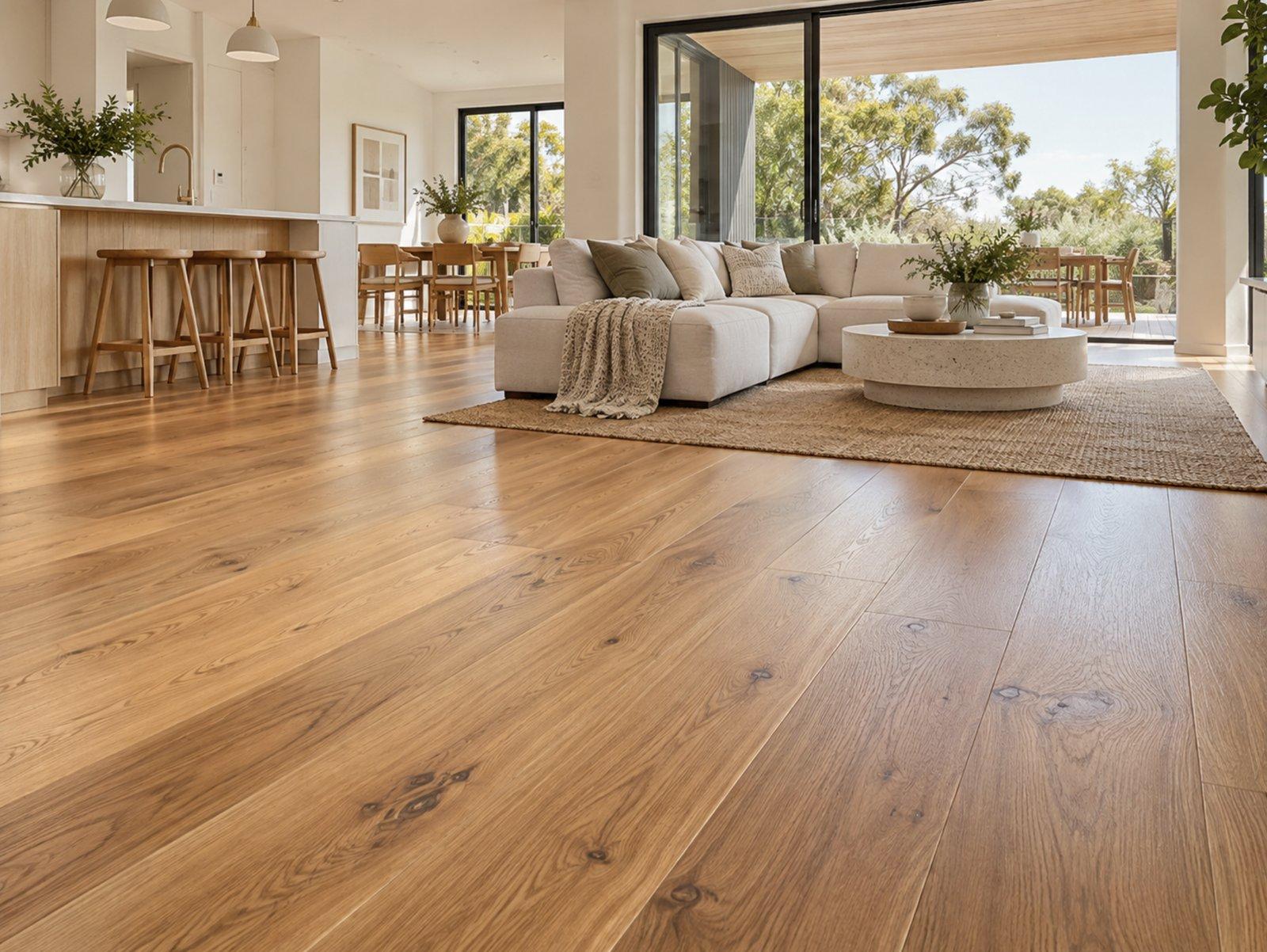 Wide-board oak timber flooring through a bright open-plan living, dining and kitchen area
