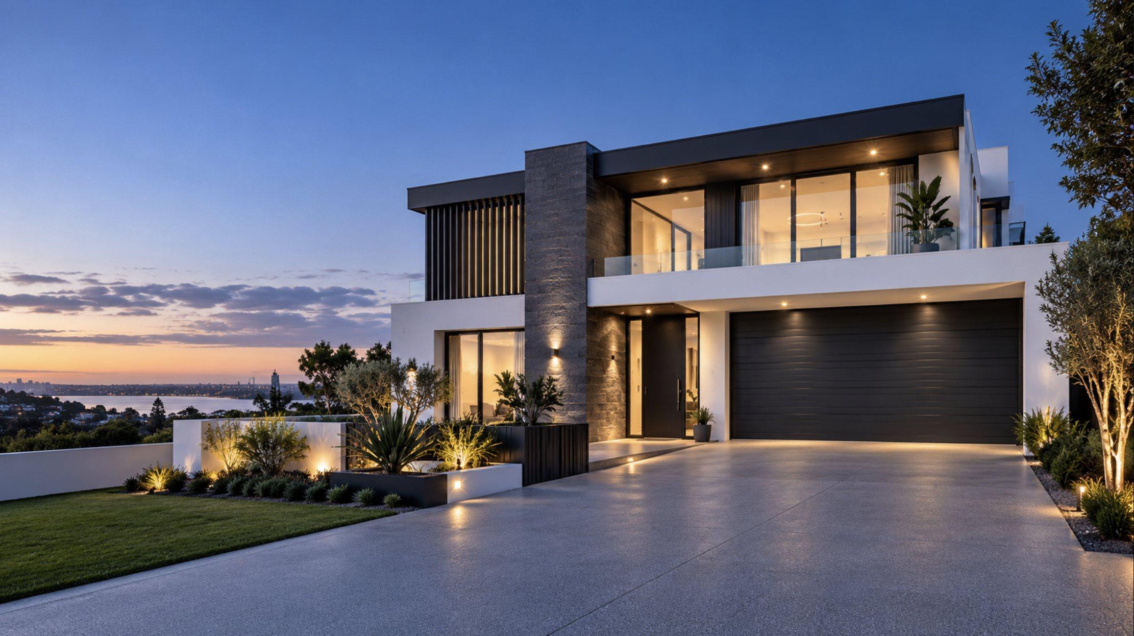 Modern two-storey home at dusk with stone feature wall, glass balcony, black garage door and lit front garden