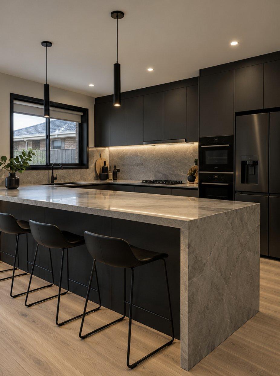 Modern kitchen with matte black cabinetry, a stone waterfall island bench, pendant lights and black bar stools