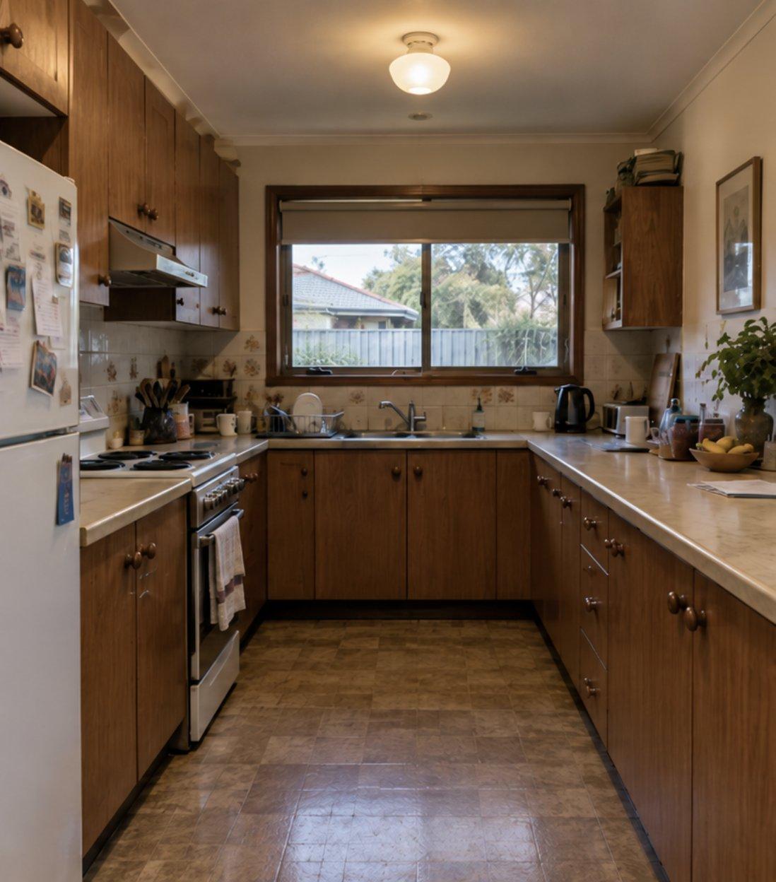 Dated kitchen with timber-veneer cabinets, laminate benchtops and patterned vinyl flooring
