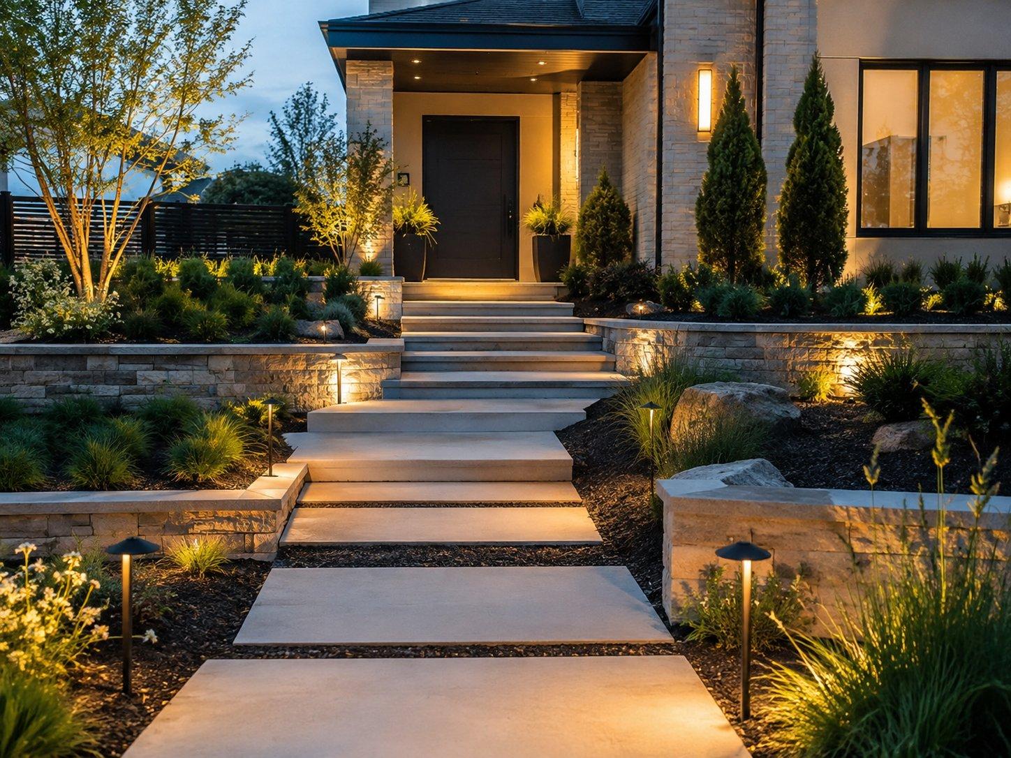 Landscaped front entry at dusk with stone steps, stacked-stone retaining walls, garden lighting and native grasses