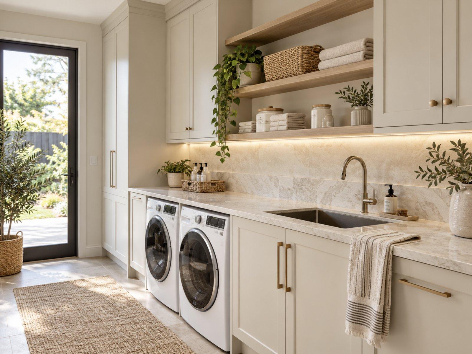 Upgraded laundry with soft-white shaker cabinetry, stone benchtop and splashback, timber shelving and front-loading washer and dryer