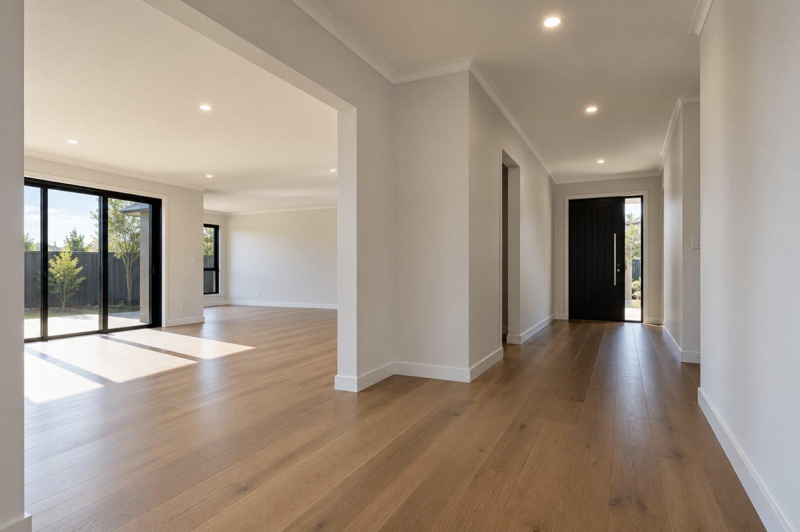 Freshly painted, empty home interior with white walls and skirting, timber floors and a black front door