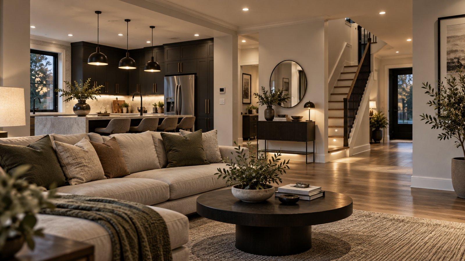 Warmly lit, styled open-plan living room with a sectional sofa, round coffee table and dark kitchen beyond