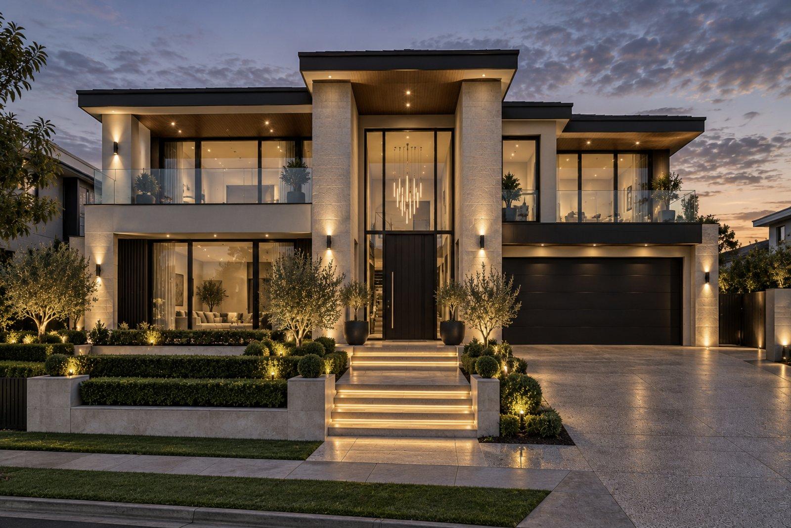 Contemporary two-storey home at dusk with stone-clad pillars, glass balconies, lit entry steps and a landscaped front garden