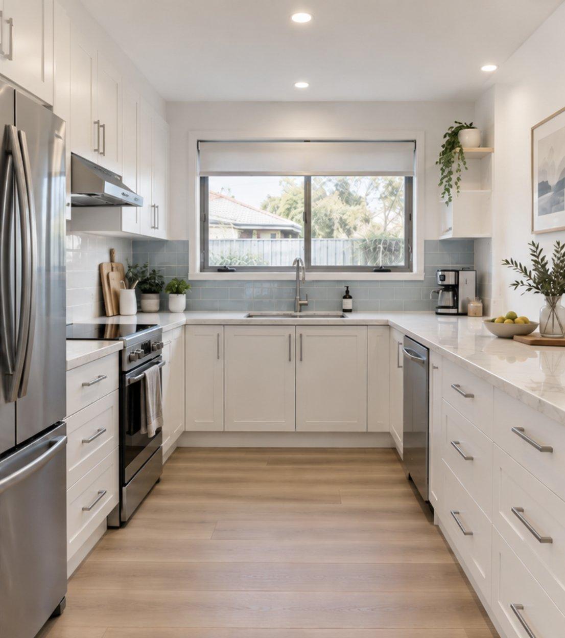 Bright renovated kitchen with white shaker cabinets, stone benchtops, blue subway tile splashback and timber-look flooring